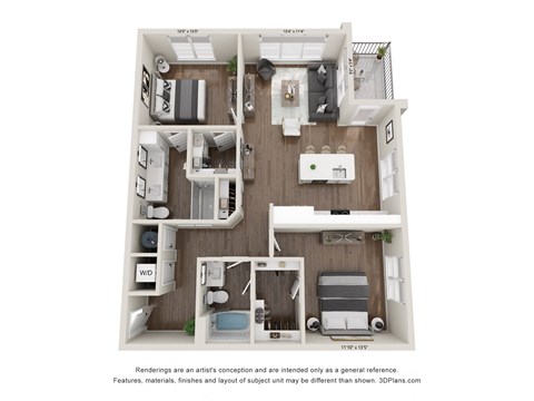 Floor plan for 2 beds, 2 baths, 1247 sqft
